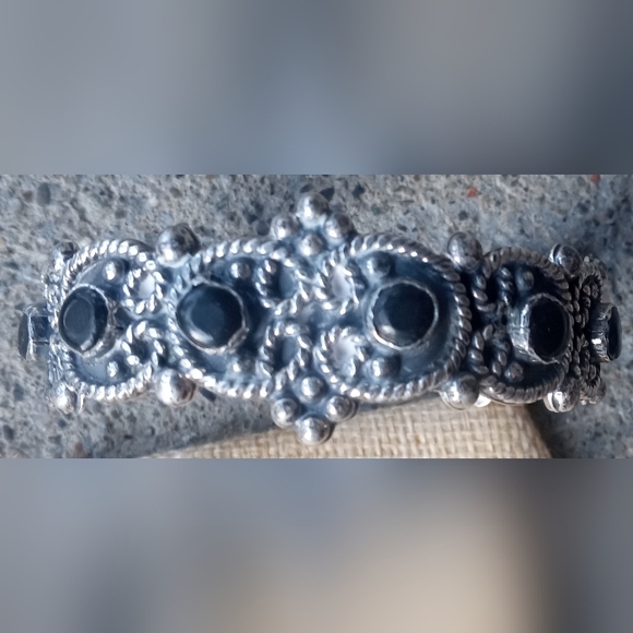 Southwest Mexico 925 Sterling Silver Onyx Cuff Vintage Bracelet - Picture 8 of 12